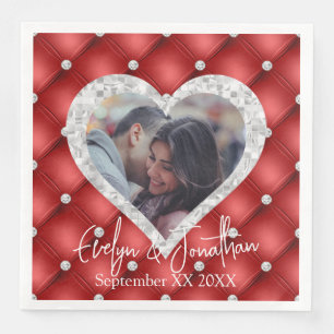 Custom Photo Red Diamonds & Silver Heart Frame Napkin