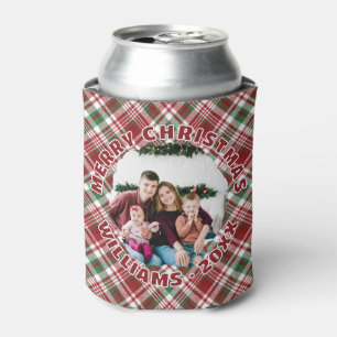 Custom Photo Red Green Tartan Plaid Christmas Can Cooler