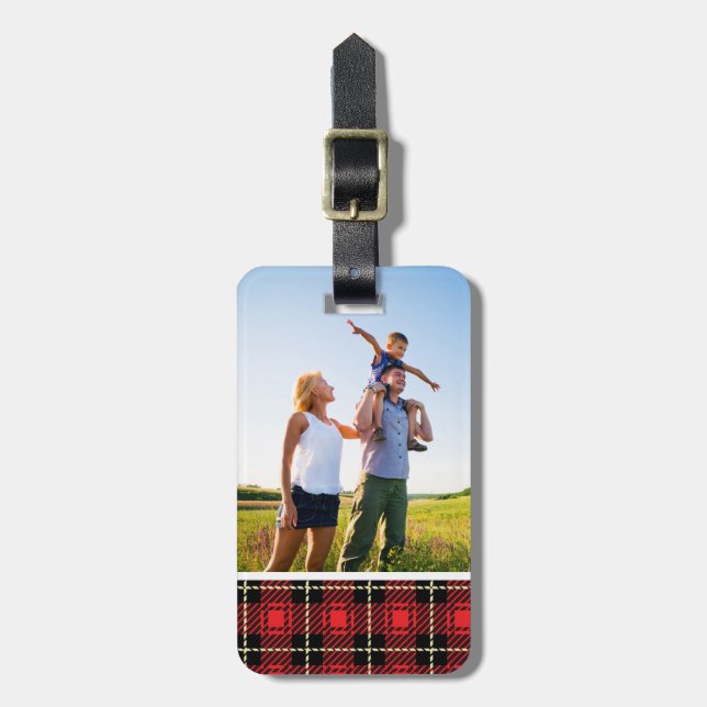 Custom Photo Red Plaid Background Luggage Tag (Front Vertical)