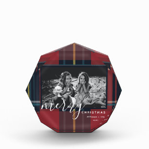 Custom Photo Red Plaid Merry Christmas Photo Block