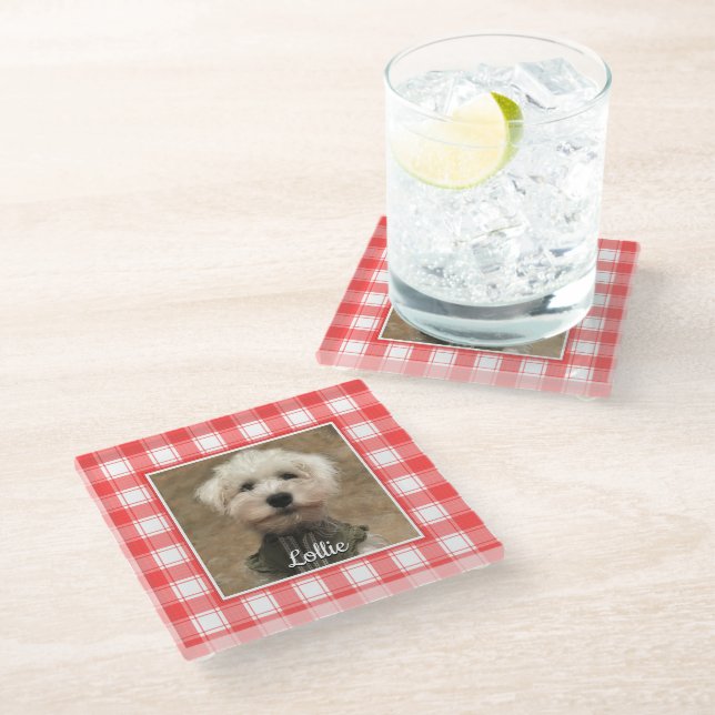 Custom Photo Red & White Country Farmhouse Plaid Glass Coaster (Angled)