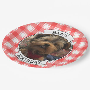 Custom Photo Red & White Country Farmhouse Plaid Paper Plate