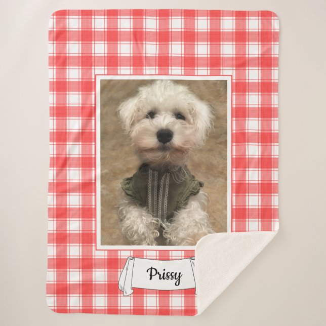 Custom Photo Red & White Country Farmhouse Plaid Sherpa Blanket (Front)