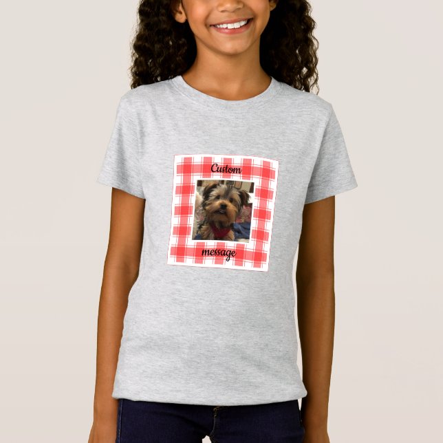 Custom Photo Red & White Country Farmhouse Plaid T-Shirt (Front)