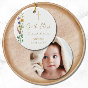 Custom Photo Religious Baptism Floral  Ceramic Tree Decoration