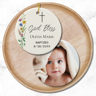 Custom Photo Religious Baptism Wildflower Ceramic Tree Decoration