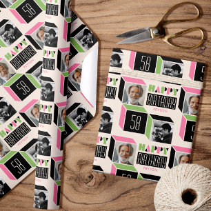 Custom Photo Retro Cube Birthday Pink Green Wrapping Paper