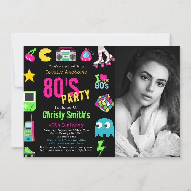 Custom Photo Retro Neon 80's Birthday Party Invitation (Front)