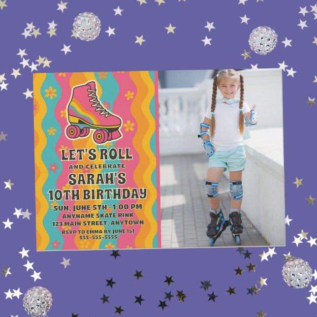 Custom Photo Roller Skating Girl Birthday Party Invitation (Retro Roller Skating Girls Birthday Party Welcome Banner
)