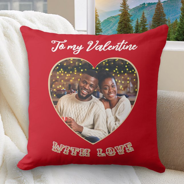 Custom Photo Romantic Heart Red Valentine’s Day Cushion (A red throw pillow with 'To my Valentine with love' message and custom photo in a heart shape)