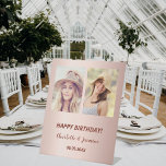 Custom photo rose gold friends birthday pedestal sign<br><div class="desc">A photo welcome sign for 2 persons,  friends,  sisters,  twins.  A rose gold gradient background.  Personalise and add 2 photos,  names and date(s)</div>