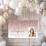 Custom Photo Rose Gold Glitter Drip 30th Birthday Banner<br><div class="desc">Welcome guests with this chic, glamourous thirtieth birthday party photo banner, featuring a sparkly rose gold faux glitter drip border and rose gold ombre background. Easily replace the sample image with a photo of the guest of honour. Personalise it with her name in rose handwriting script, with the birthday and...</div>