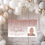 Custom Photo Rose Gold Glitter Drip 40th Birthday Banner<br><div class="desc">Welcome guests with this chic, glamourous fortieth birthday party photo banner, featuring a sparkly rose gold faux glitter drip border and rose gold ombre background. Easily replace the sample image with a photo of the guest of honour. Personalise it with her name in rose handwriting script, with the birthday and...</div>