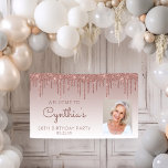 Custom Photo Rose Gold Glitter Drip 60th Birthday Banner<br><div class="desc">Welcome guests with this chic, glamourous sixtieth birthday party photo banner, featuring a sparkly rose gold faux glitter drip border and rose gold ombre background. Easily replace the sample image with a photo of the guest of honour. Personalise it with her name in rose handwriting script, with the birthday and...</div>