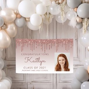 Custom Photo Rose Gold Glitter Drip Graduation Banner