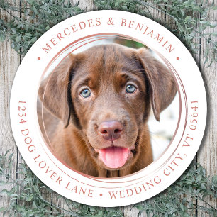 Custom Photo Rose Gold Wedding Return Address Classic Round Sticker