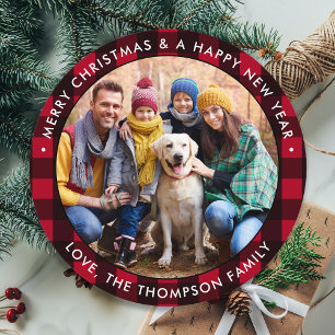 Custom Photo Round Red Buffalo Plaid  Holiday Card