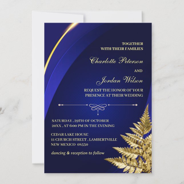 Custom Photo Royal Blue and Gold Wedding Invitation (Front)