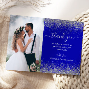 Custom Photo Royal Blue Silver Glitter Wedding Thank You Card