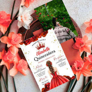 Custom Photo Royal Red Rose Quinceañera Invite