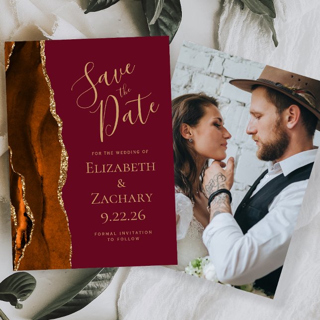 Custom Photo Rust Agate Burgundy Save the Date Invitation (Creator Uploaded)