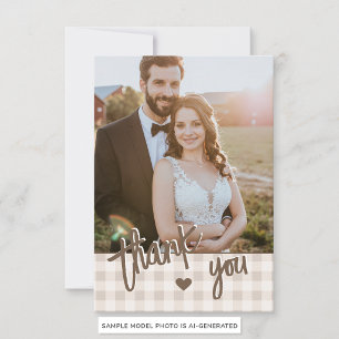 Custom Photo Rustic Beige Gingham And Hare Wedding Thank You Card