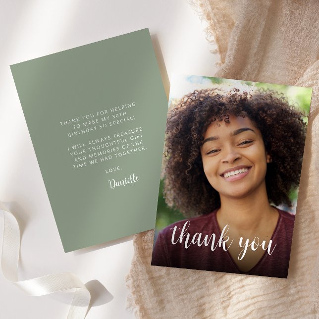 Custom Photo Sage Green 30th Birthday Party Thank You Card (Creator Uploaded)