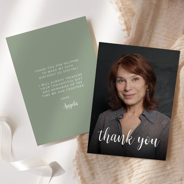 Custom Photo Sage Green 50th Birthday Party Thank You Card (Creator Uploaded)