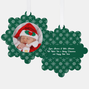 Custom Photo Santa Baby Snowflakes & Green Paper Tree Decoration Card