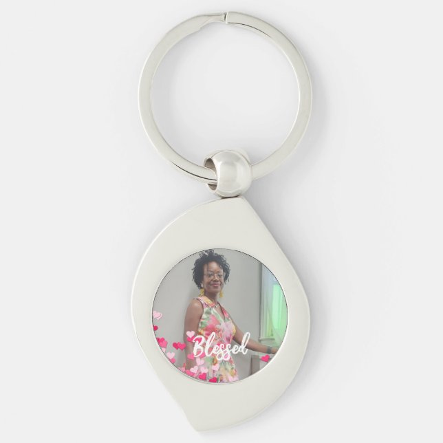 Custom Photo Scattered Pink Hearts Blessed Key Ring (Front)