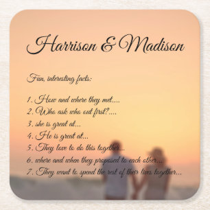 Custom photo script couple fun facts wedding square paper coaster