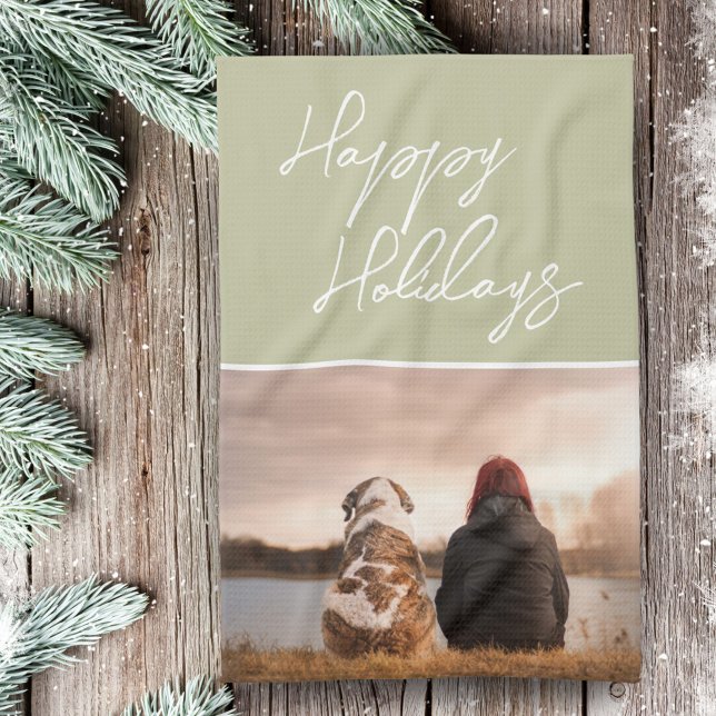 Custom Photo Script Family Friend Happy Holiday Tea Towel (Creator Uploaded)