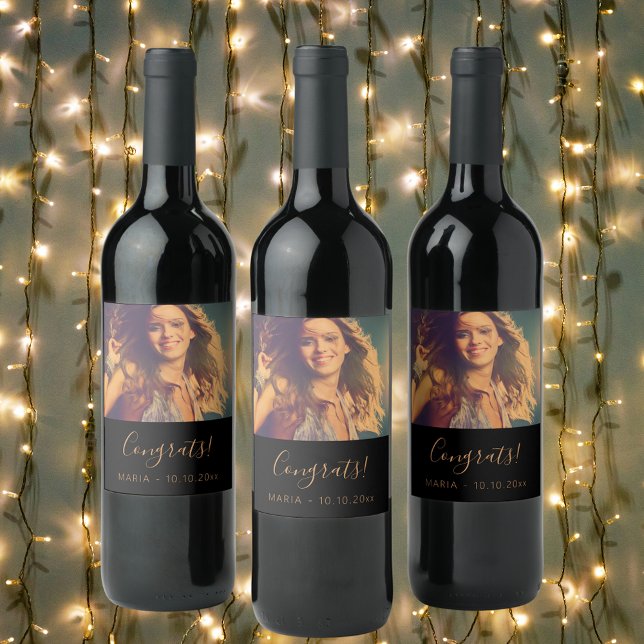Custom photo script text congrats party black gold wine label (Creator Uploaded)