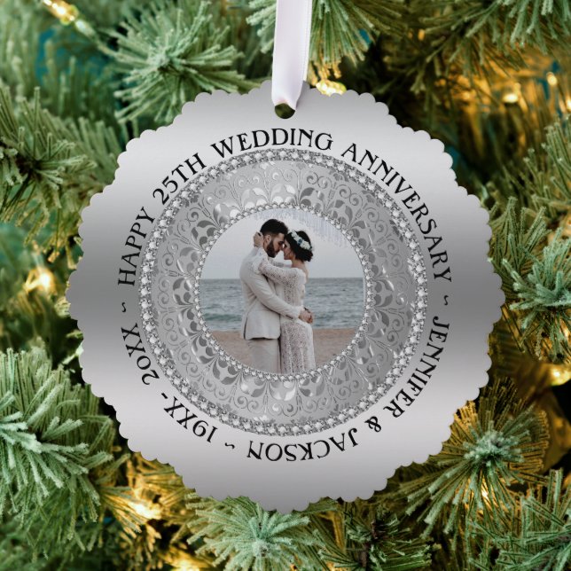 Custom Photo Silver Background Anniversary  Tree Decoration Card (Insitu (Tree))