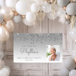 Custom Photo Silver Glitter Drip 80th Birthday Banner<br><div class="desc">Welcome guests with this chic, glamourous 80th birthday party photo banner, featuring a sparkly silver faux glitter drip border and silver ombre background. Easily replace the sample image with a photo of the guest of honour. Personalise it with her name in grey handwriting script, with the birthday and date below...</div>