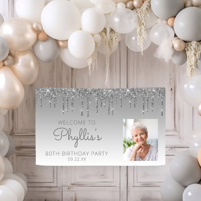 Custom Photo Silver Glitter Drip 80th Birthday Banner (Creator Uploaded)