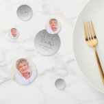 Custom Photo Silver Glitter Drip 90th Birthday Confetti<br><div class="desc">Make her 90th birthday party special with this custom photo confetti, featuring a silver dripping faux glitter design. Personalise the front of the large and medium pieces with her name in handwriting script, along with her birthday and the date below. On the back of all three sizes, replace the sample...</div>