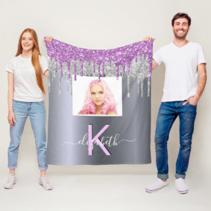 Custom photo silver glitter purple monogram name fleece blanket