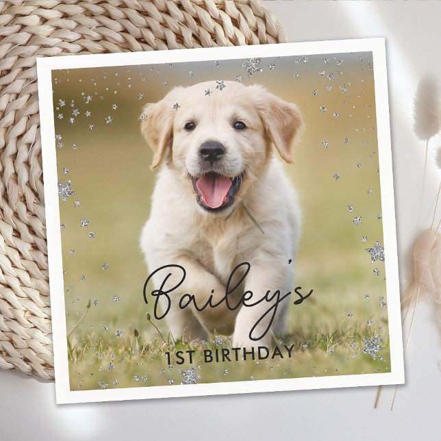 Custom Photo Silver Glitter Stars Pet Dog Birthday Napkin (Creator Uploaded)