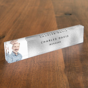 Custom photo silver metal monogram modern nameplate