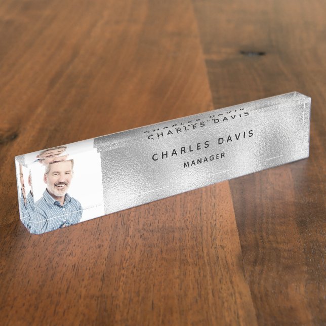 Custom photo silver metal monogram modern nameplate (Side)