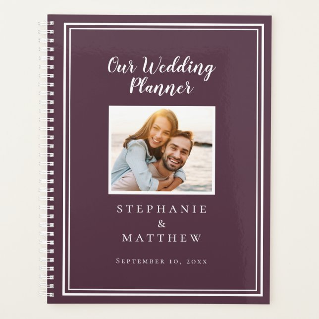 Custom Photo Simple Cassis Purple & White Wedding Planner (Front)