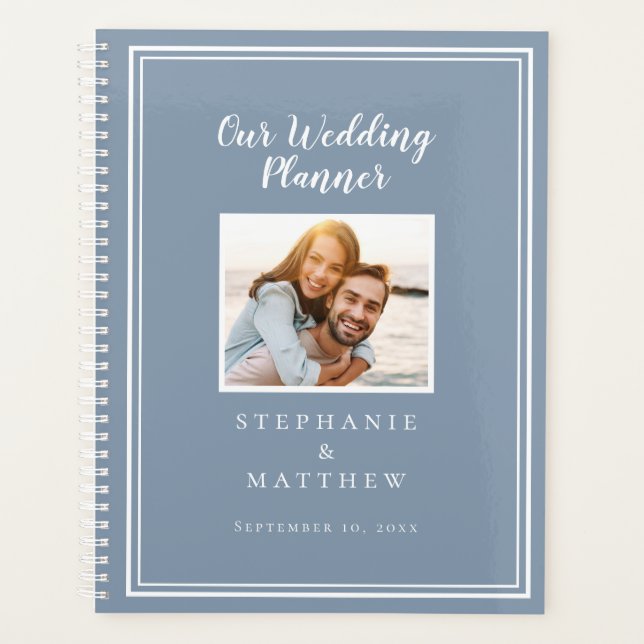 Custom Photo Simple Dusty Blue & White Wedding Planner (Front)