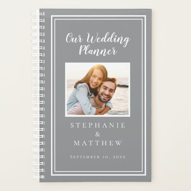 Custom Photo Simple Trendy Grey White Chic Wedding Planner (Front)