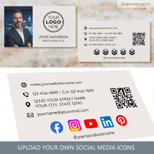 Custom Photo Social Media Modern Off-white Business Card