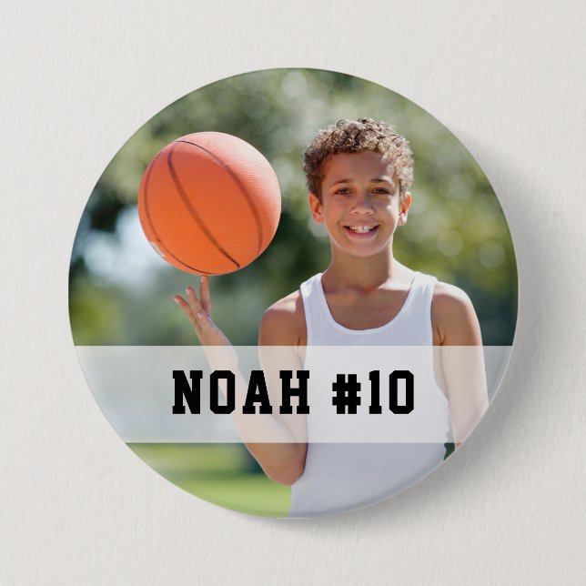 Custom photo sports button / pin with name & # (Front)