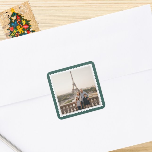 Custom Photo Stickers Postage Stamp Border Green (Your photo with a postage stamp border for personalized envelope seals or gift wrap)