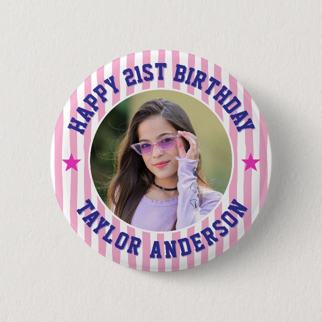 Custom Photo Stripe Pattern Happy Birthday 6 Cm Round Badge (Front)