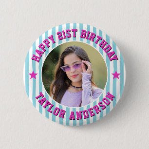 Custom Photo Stripe Pattern Happy Birthday 6 Cm Round Badge