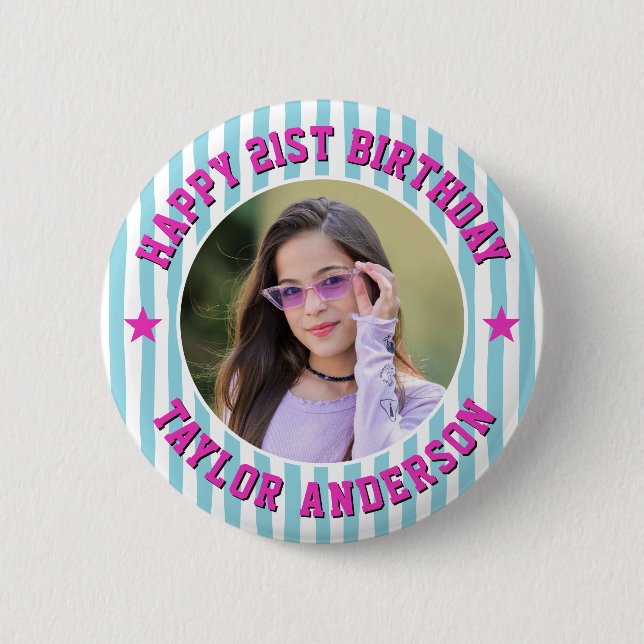 Custom Photo Stripe Pattern Happy Birthday 6 Cm Round Badge (Front)